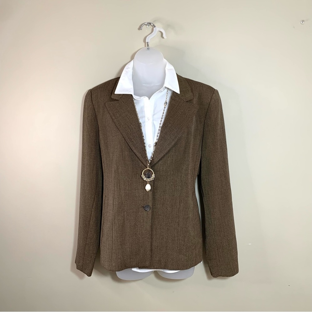 Rafaella Womens Tweed Blazer Brown Relaxed Fit Padded Shoulder Business Casual